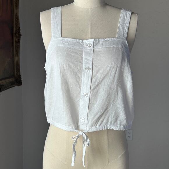 a new day Tops - Linen Crop Top Euro Summer Square Neck Peasant Coastal Prairie Tie Hem Women M